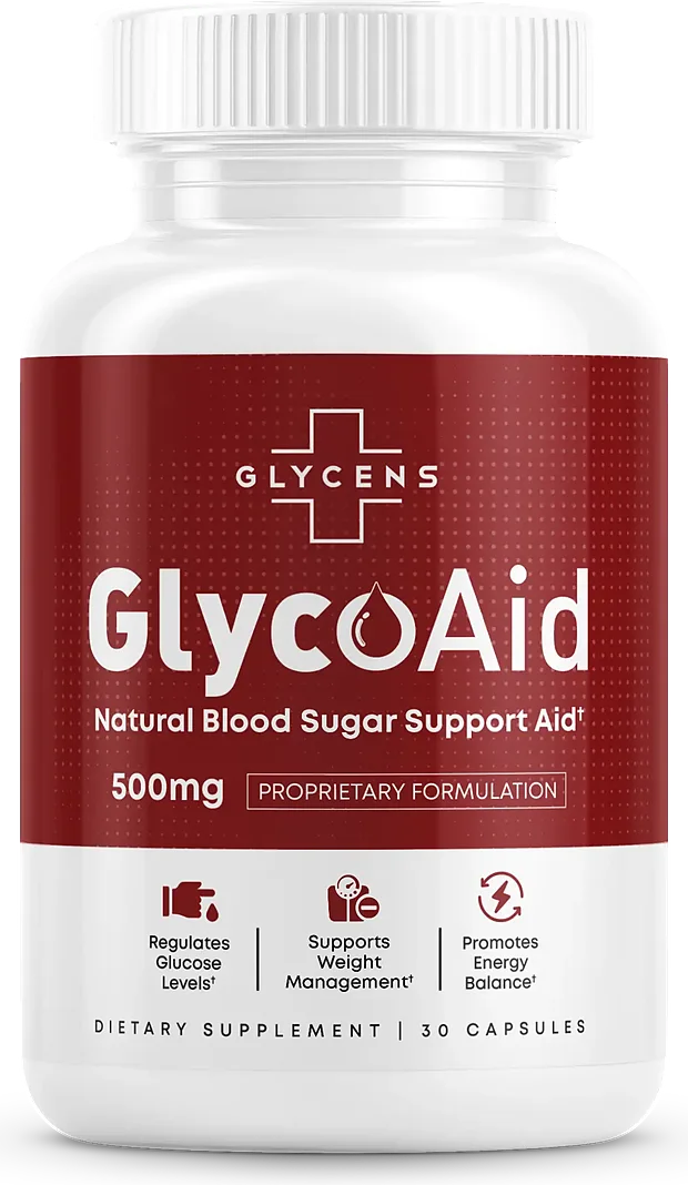 A bottle of GlycoAid blood sugar support capsules