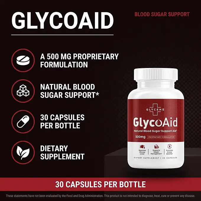 The GlycoAid label and its 500 mg blend statement